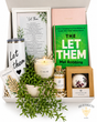 Let Them Gift Basket with Mel Robbins book, framed poem, tumbler, journal, candle, potted plant and self-care gifts by BB Baskets Calgary